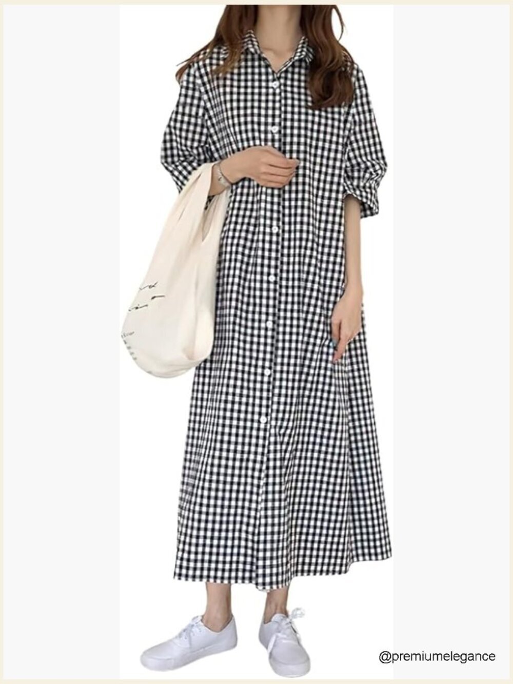 Casual Short Sleeve Cotton Gingham Midi Shirt Dress Loose Fit